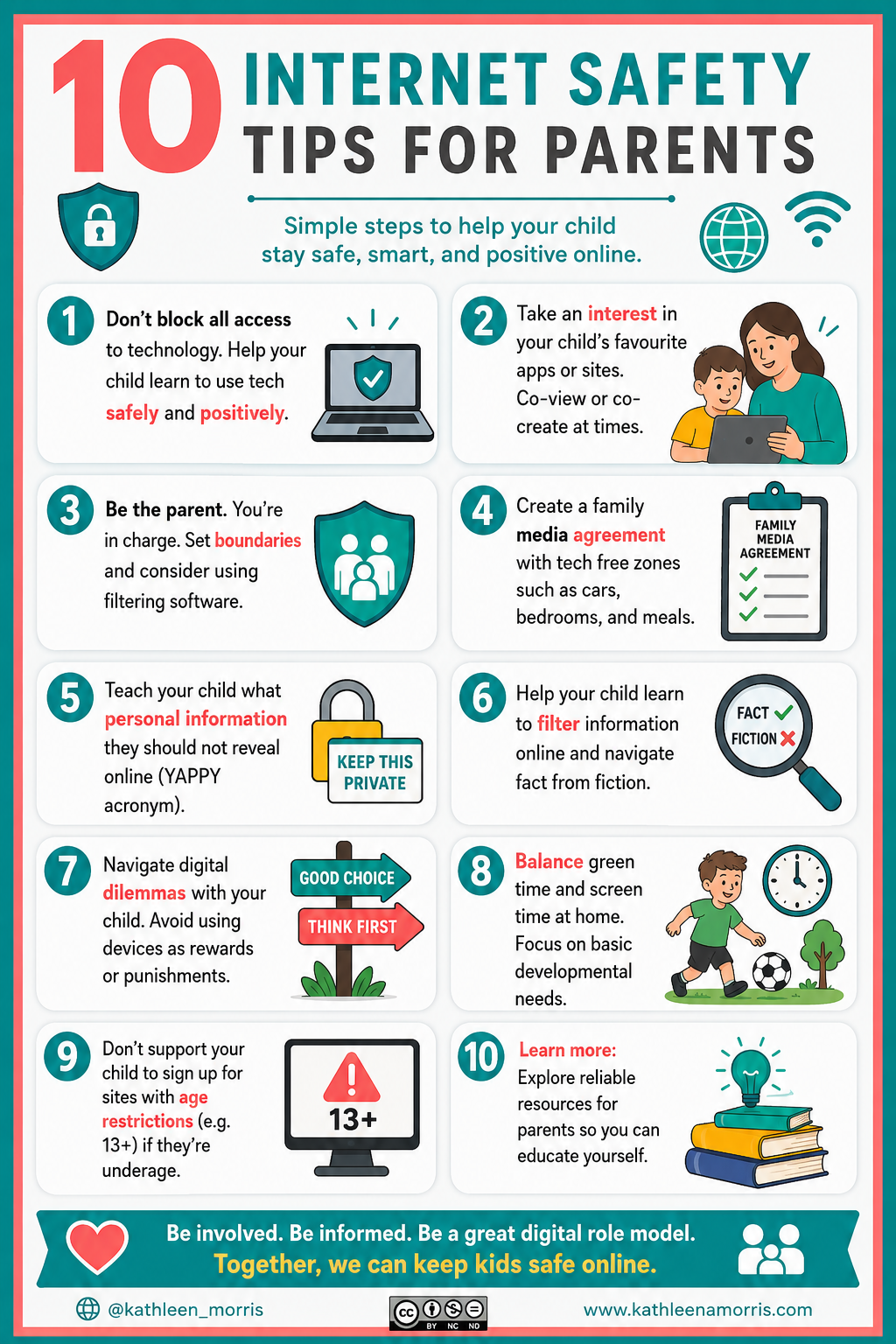 Poster listing 10 internet safety tips for parents, numbered 1 to 10, with brief text for each tip.